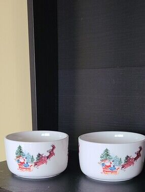 Ciroa White Holiday Santa Sleigh Ceramic Bowls (Pair)